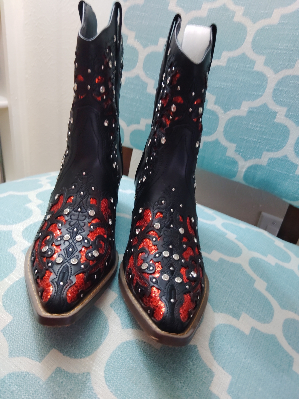 Women's Black Ankle Booties with Red Metallic Embellishment